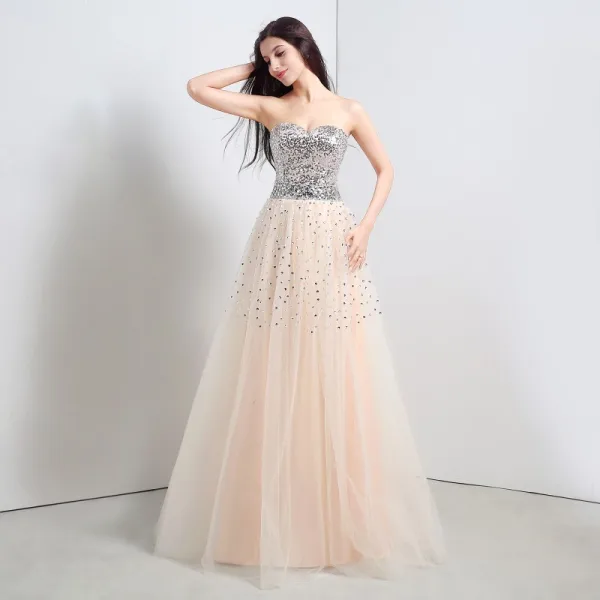 Sparkly Champagne Ballkjoler 2018 Prinsesse Beading Paljetter Krystall Kjæreste Ryggløse Uten Ermer Lange Formelle Kjoler
