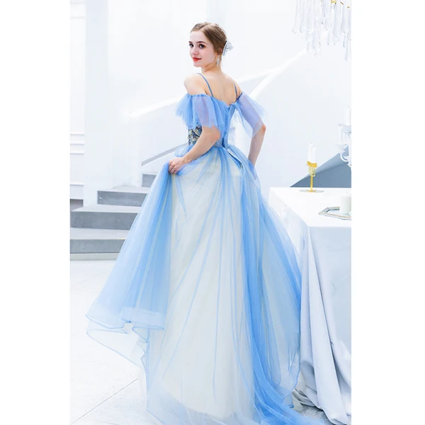 Chic / Beautiful Pool Blue Evening Dresses 2019 A-Line / Princess Spaghetti Straps Beading Lace Flower Short Sleeve Backless Floor-Length / Long Formal Dresses