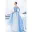 Chic / Beautiful Pool Blue Evening Dresses  2019 A-Line / Princess Spaghetti Straps Beading Lace Flower Short Sleeve Backless Floor-Length / Long Formal Dresses