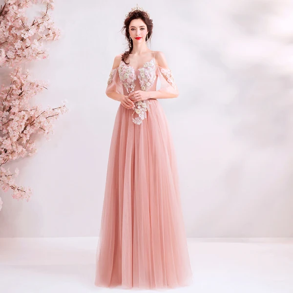 Elegant Pearl Pink Evening Dresses 2019 A-Line / Princess Spaghetti Straps Rhinestone Lace Flower Short Sleeve Backless Floor-Length / Long Formal Dresses