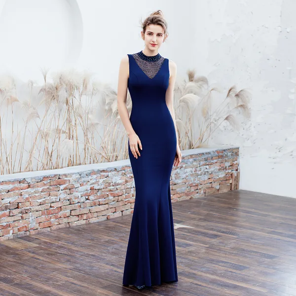 Chic / Beautiful Dark Green Evening Dresses 2019 Trumpet / Mermaid High Neck Beading Sleeveless Backless Floor-Length / Long Formal Dresses