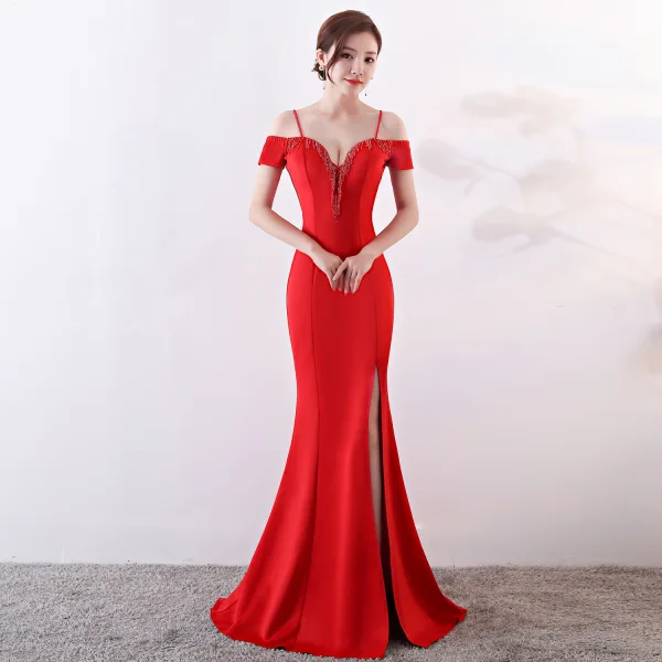 Chic / Belle Couleur Unie Ivoire Robe De Soirée 2019 Trompette / Sirène Bretelles Spaghetti Perlage Gland Sans Manches Dos Nu Fendue devant Longue Robe De Ceremonie