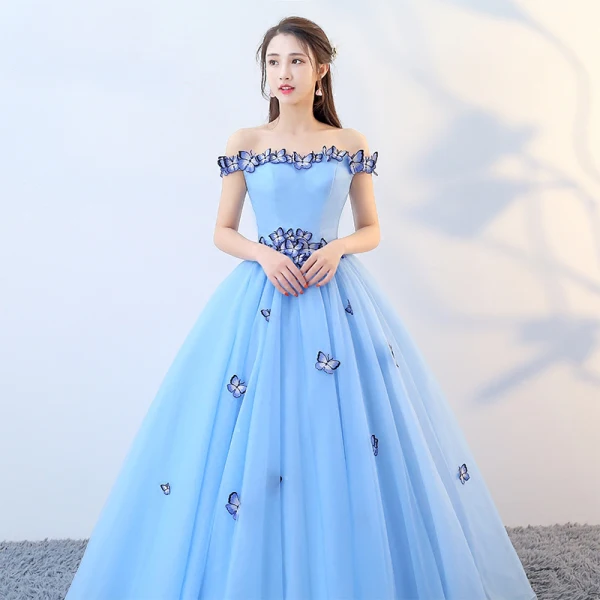 Chic / Beautiful Pool Blue Prom Dresses 2019 A-Line / Princess Off-The-Shoulder Lace Butterfly Sleeveless Backless Floor-Length / Long Formal Dresses