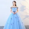 Chic / Belle Bleu Robe De Bal 2019 Princesse De l'épaule En Dentelle Papillon Sans Manches Dos Nu Longue Robe De Ceremonie