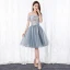 Chic / Beautiful Silver Cocktail Dresses 2019 A-Line / Princess Off-The-Shoulder Bow Pearl Lace Flower Short Sleeve Backless Short Formal Dresses