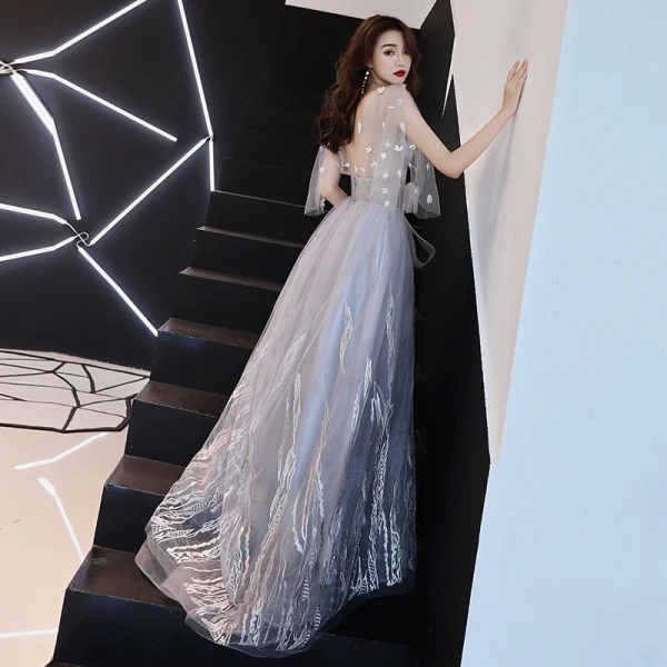 Élégant Gris Robe De Soirée 2019 Princesse V-Cou Noeud En Dentelle Fleur 1/2 Manches Dos Nu Longue Robe De Ceremonie