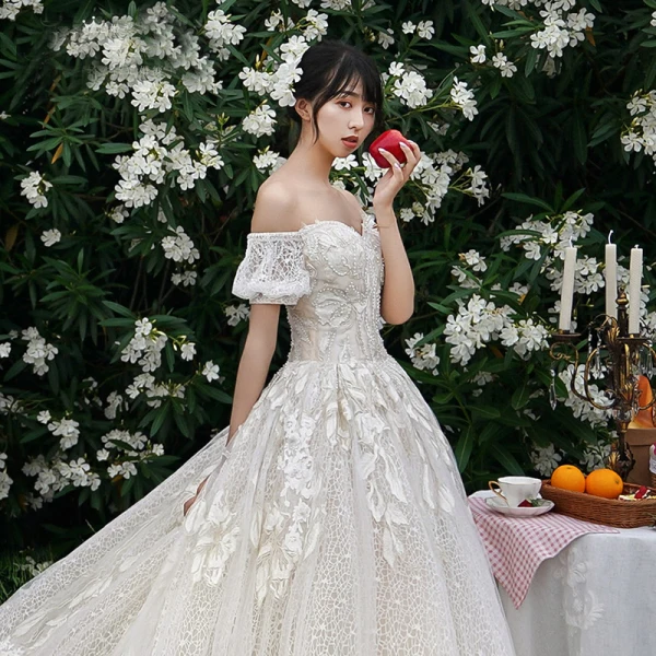 High-end Champagne Wedding Dresses 2019 A-Line / Princess Off-The-Shoulder Beading Lace Flower Short Sleeve Backless Cathedral Train