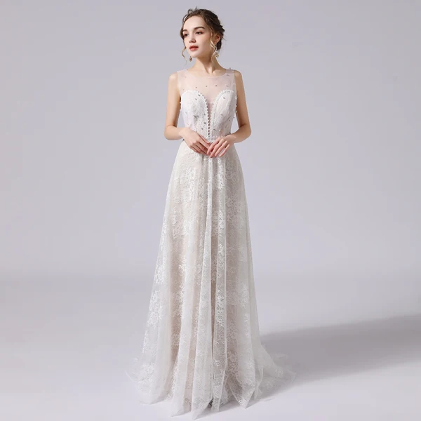 Élégant Ivoire Perle En Dentelle Fleur Robe De Mariée 2021 Princesse Encolure Dégagée Sans Manches Dos Nu Train De Balayage Mariage