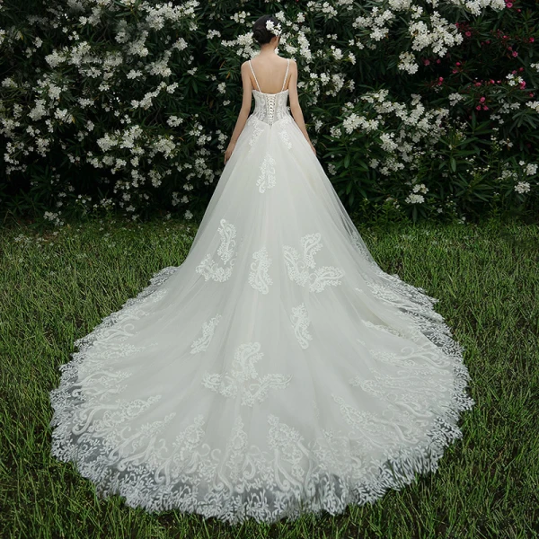 Schöne Champagner Brautkleider / Hochzeitskleider 2019 A Linie Spaghettiträger Perlenstickerei Strass Spitze Blumen Ärmellos Rückenfreies Kathedrale Schleppe