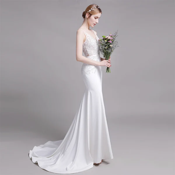 Chic / Beautiful White Wedding Dresses 2019 Trumpet / Mermaid V-Neck Lace Flower Sleeveless Backless Sweep Train