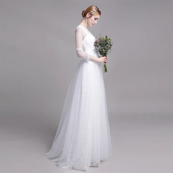 Modest / Simple White Beach Wedding Dresses 2019 A-Line / Princess Scoop Neck Pearl Lace Flower 3/4 Sleeve Floor-Length / Long