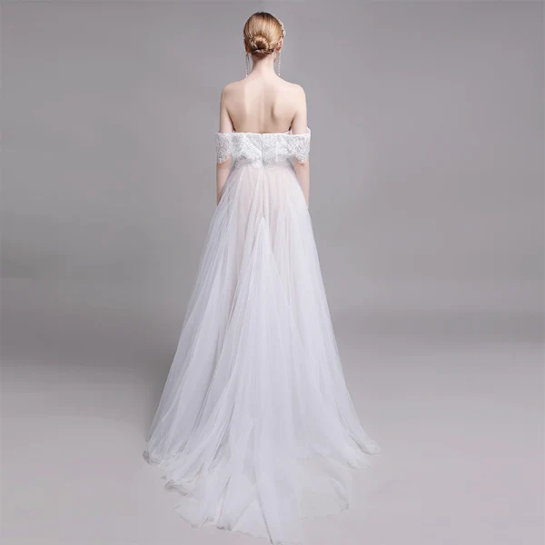 Chic / Beautiful White Beach Wedding Dresses 2019 A-Line / Princess Off-The-Shoulder Lace Flower Short Sleeve Backless Floor-Length / Long
