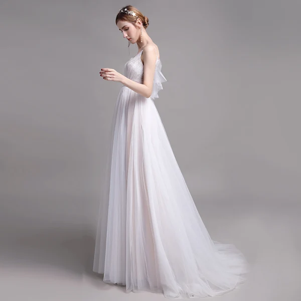Chic / Belle Champagne Plage Robe De Mariée 2019 Princesse Bretelles Spaghetti En Dentelle Fleur Sans Manches Dos Nu Train De Balayage