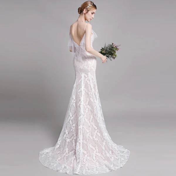 Charmant Champagne Plage Robe De Mariée 2019 Trompette / Sirène Bretelles Spaghetti En Dentelle Fleur Sans Manches Dos Nu Train De Balayage