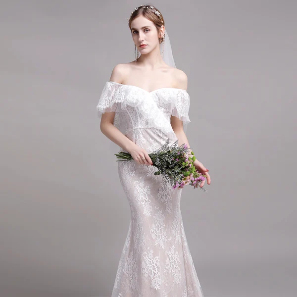Chic / Belle Champagne Plage Robe De Mariée 2019 Trompette / Sirène De l'épaule En Dentelle Fleur Manches Courtes Dos Nu Train De Balayage