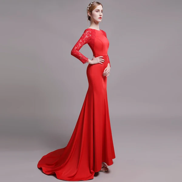 Chic Couleur Unie Rouge Robe De Soirée 2019 Trompette / Sirène Encolure Dégagée En Dentelle Fleur Manches Longues Train De Balayage Robe De Ceremonie