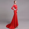 Classy Solid Color Red Evening Dresses  2019 Trumpet / Mermaid Scoop Neck Lace Flower Long Sleeve Sweep Train Formal Dresses