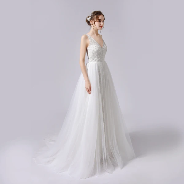 Elegant Ivory Glitter Wedding Dresses 2021 A-Line / Princess Beading V-Neck Sleeveless Backless Sweep Train Wedding