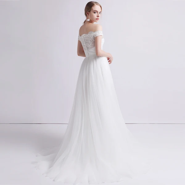 Edles Weiß Brautkleider / Hochzeitskleider 2019 A Linie Off Shoulder Perle Spitze Blumen Ärmellos Rückenfreies Sweep / Pinsel Zug