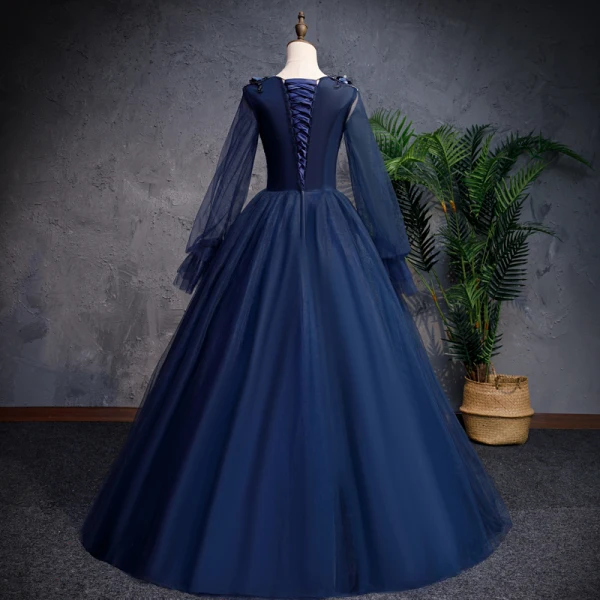 Vintage / Retro Navy Blue Prom Dresses 2019 A-Line / Princess Scoop Neck Beading Appliques Lace Flower Long Sleeve Backless Floor-Length / Long Formal Dresses