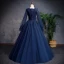 Vintage / Retro Navy Blue Prom Dresses 2019 A-Line / Princess Scoop Neck Beading Appliques Lace Flower Long Sleeve Backless Floor-Length / Long Formal Dresses