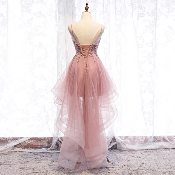 Chic / Belle Perle Rose Robe De Cocktail 2019 Princesse Bretelles Spaghetti Perlage Paillettes En Dentelle Fleur Sans Manches Dos Nu Asymétrique Robe De Ceremonie