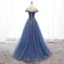 Edles Meeresblau Abendkleider 2019 A Linie Off Shoulder Perlenstickerei Kristall Ärmellos Rückenfreies Sweep / Pinsel Zug Festliche Kleider