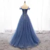 Chic Océan Bleu Robe De Soirée 2019 Princesse De l'épaule Perlage Cristal Sans Manches Dos Nu Train De Balayage Robe De Ceremonie