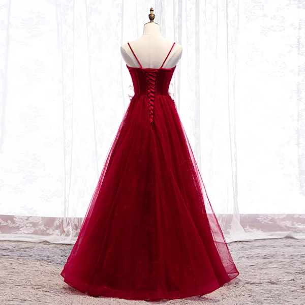 Chic / Beautiful Burgundy Evening Dresses 2019 A-Line / Princess Spaghetti Straps Beading Lace Flower Appliques Sleeveless Backless Floor-Length / Long Formal Dresses
