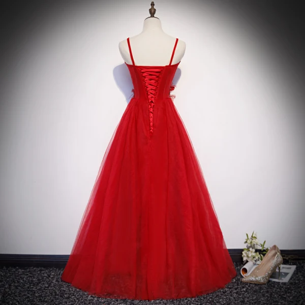Chic Couleur Unie Rouge Robe De Soirée 2019 Princesse Bretelles Spaghetti Perlage En Dentelle Fleur Appliques Perle Sans Manches Dos Nu Longue Robe De Ceremonie