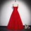 Chic Couleur Unie Rouge Robe De Soirée 2019 Princesse Bretelles Spaghetti Perlage En Dentelle Fleur Appliques Perle Sans Manches Dos Nu Longue Robe De Ceremonie