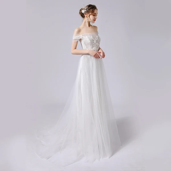 Charmant Ivoire Robe De Mariée 2021 Princesse De l'épaule Paillettes En Dentelle Fleur Sans Manches Dos Nu Train De Balayage Mariage