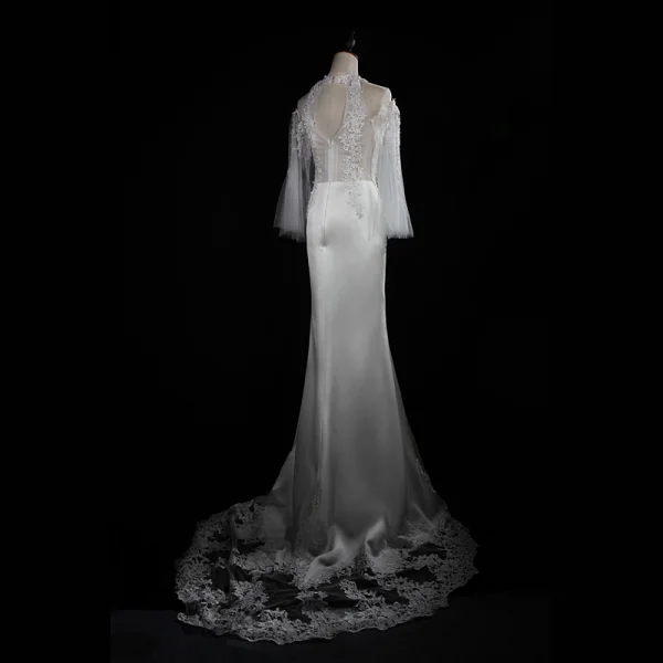 Élégant Ivoire Robe De Mariée 2018 Trompette / Sirène En Dentelle Appliques épaules Dos Nu 3/4 Manches Train De Balayage Mariage