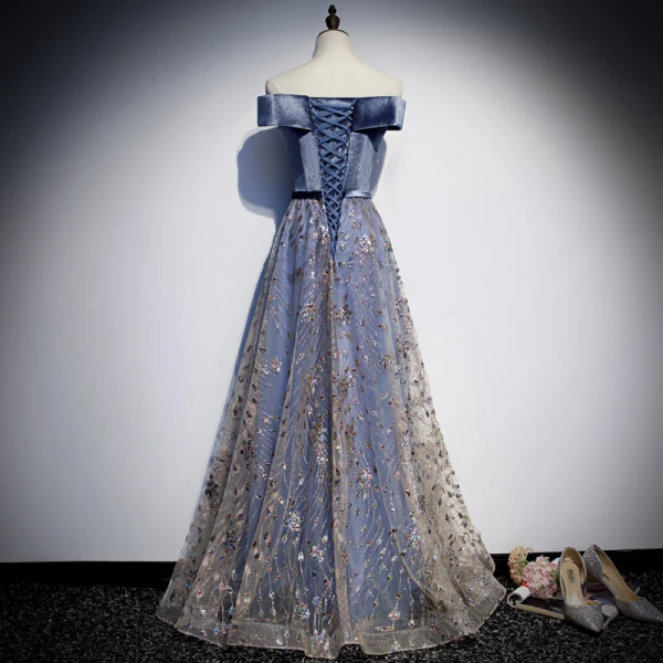 Charmant Marineblau Abendkleider 2019 A Linie Off Shoulder Glanz Tülle Pailletten Ärmellos Rückenfreies Lange Festliche Kleider
