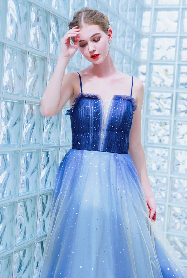Modern / Fashion Ocean Blue Evening Dresses  2019 A-Line / Princess Spaghetti Straps Star Sequins Sleeveless Backless Floor-Length / Long Formal Dresses