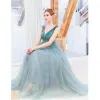 Chic / Beautiful Jade Green Evening Dresses  2019 A-Line / Princess Suede V-Neck Rhinestone Sleeveless Backless Floor-Length / Long Formal Dresses