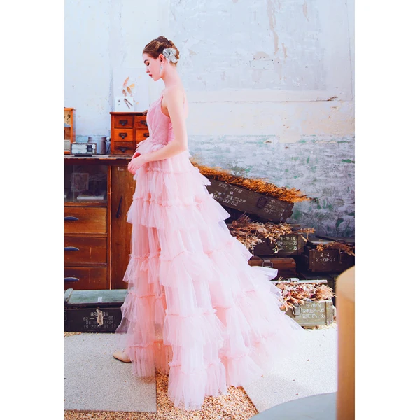 Chic / Belle Rose Bonbon Robe De Soirée 2019 Princesse Bretelles Spaghetti Sans Manches Dos Nu Volants en Cascade Longue Robe De Ceremonie