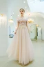 Chic / Beautiful Blushing Pink Evening Dresses  2019 A-Line / Princess Off-The-Shoulder Rhinestone Lace Flower Sleeveless Backless Floor-Length / Long Formal Dresses