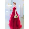 Piękne Czerwone Sukienki Wieczorowe 2019 Princessa Spaghetti Pasy Cekinami Tiulowe Bez Rękawów Bez Pleców Długie Sukienki Wizytowe