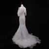 Elegant Ivory Brudekjoler 2018 Havfrue Blonde Beading Pailletter Halter Halterneck Kort Ærme Retten Tog Bryllup