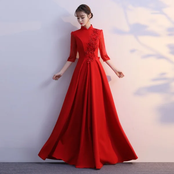 Classy Burgundy Evening Dresses 2019 A-Line / Princess High Neck Bow Lace Flower 1/2 Sleeves Floor-Length / Long Formal Dresses