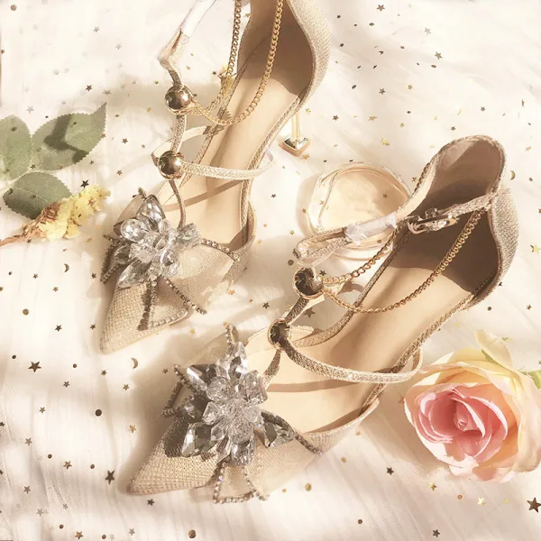 Charming Champagne Evening Party Womens Shoes 2019 Leather Rhinestone T-Strap 8 cm Stiletto Heels Pointed Toe High Heels