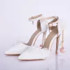Chic / Beautiful White Wedding Shoes 2019 Pearl Ankle Strap Appliques 9 cm Pointed Toe Stiletto Heels Wedding High Heels