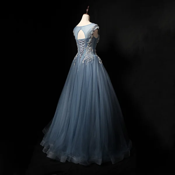 Chic / Belle Gris Bleu Ciel Robe De Bal 2018 Princesse Fait main Perlage Perle Cristal Paillettes Appliques Encolure Dégagée Dos Nu Sans Manches Longue Robe De Ceremonie