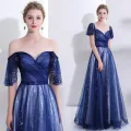 Elegant Kongeblå Selskapskjoler 2018 Prinsesse Krystall Rhinestone Paljetter Stjerne Kjæreste Ryggløse Korte Ermer Lange Formelle Kjoler