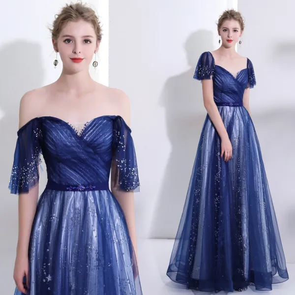 Elegant Royal Blue Evening Dresses 2018 A-Line / Princess Crystal ...