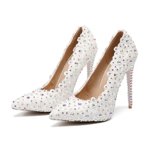Chic / Beautiful Ivory Wedding Shoes 2019 Rhinestone Lace Flower 11 cm Stiletto Heels Pointed Toe Wedding Pumps