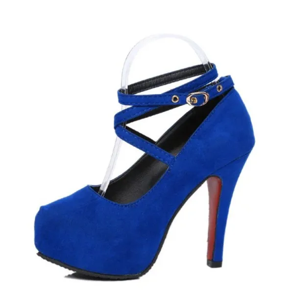 Erschwinglich Schwarz Abend Pumps 2019 Wildleder Knöchelriemen X-Riemen 11 cm Stilettos Runde Zeh Pumps
