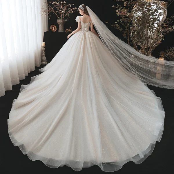 Charming Fashion Champagne Beading Sequins Wedding Dresses 2021 Ball Gown Scoop Neck Appliques Short Sleeve Backless Royal Train Wedding
