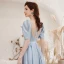 Elegant Sky Blue Satin Prom Dresses 2021 A-Line / Princess Square Neckline Short Sleeve Backless Floor-Length / Long Formal Dresses